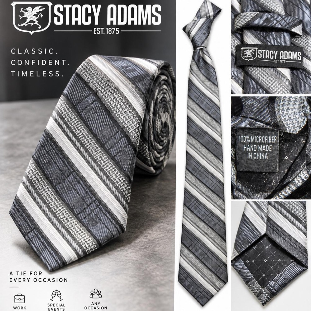 Stacy Adams Mens Necktie Gray Silver Black Striped Geometric Microfiber Tie